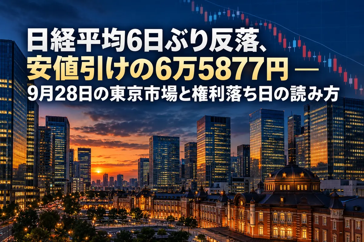 夕暮れの東京金融街のビル群と、下向きの株価チャートを重ねたイメージ。