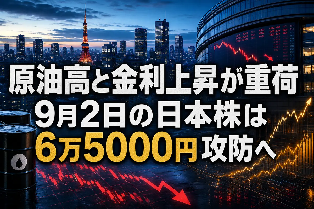 原油高と金利上昇を背景に日本株の寄り付きを見通す市場イメージ。