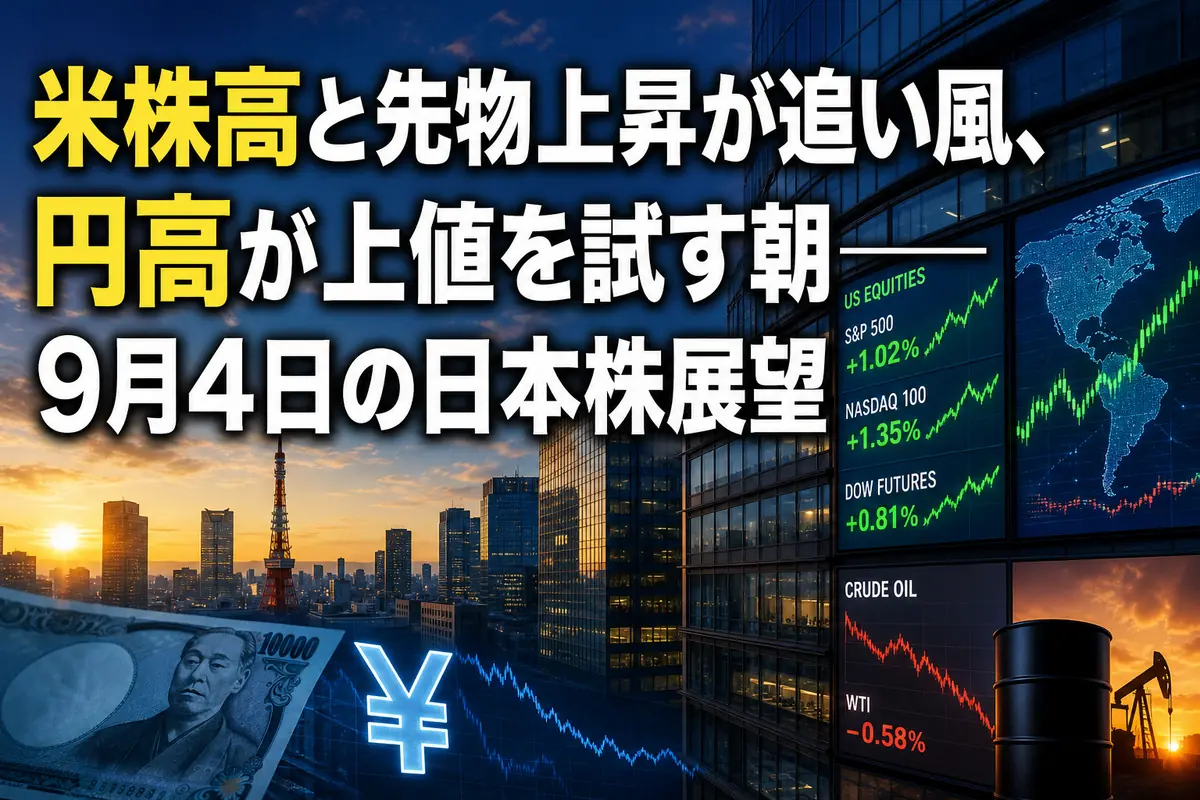 東京市場の寄り付き前に先物、為替、海外株を確認する朝のイメージ。