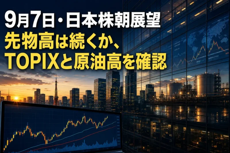 朝の東京金融街と市場チャートを重ねた日本株の寄り付き前のイメージ。