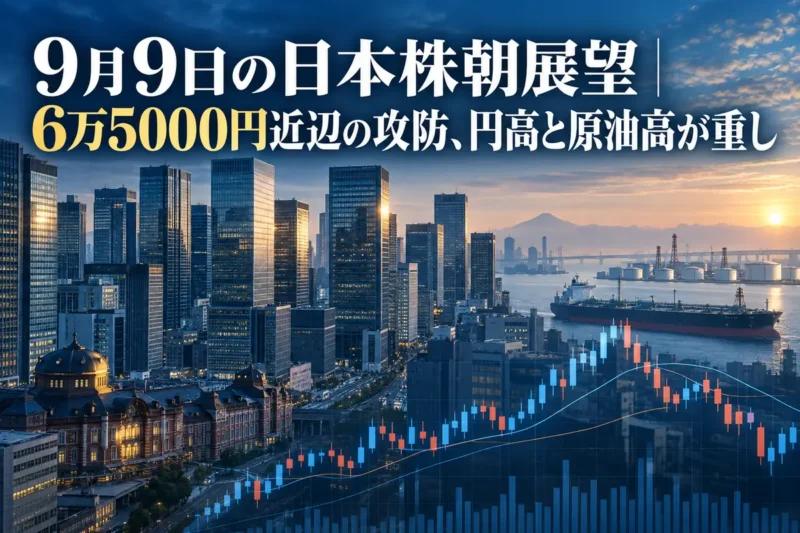 早朝の東京金融街と株価チャート、原油輸送のイメージ。