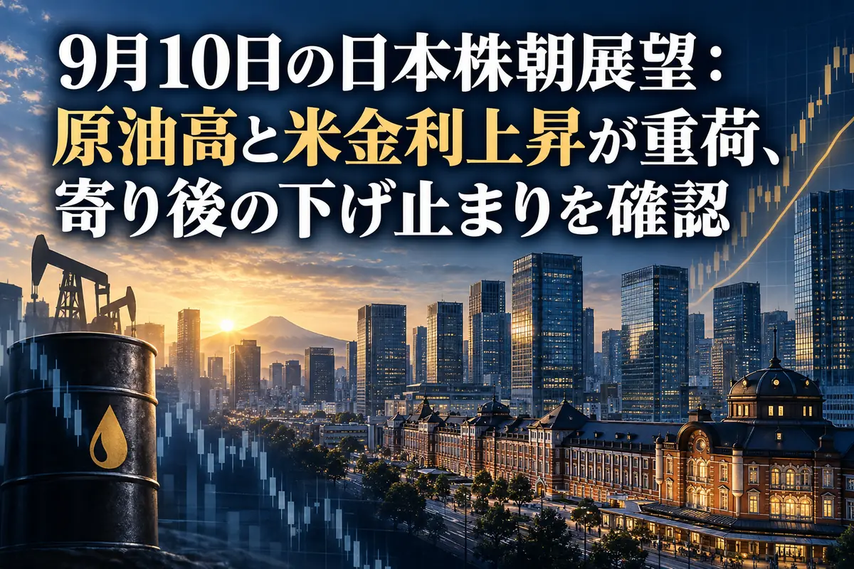 朝の東京金融街に株価チャートと原油・金利の動きを重ねたイメージ。