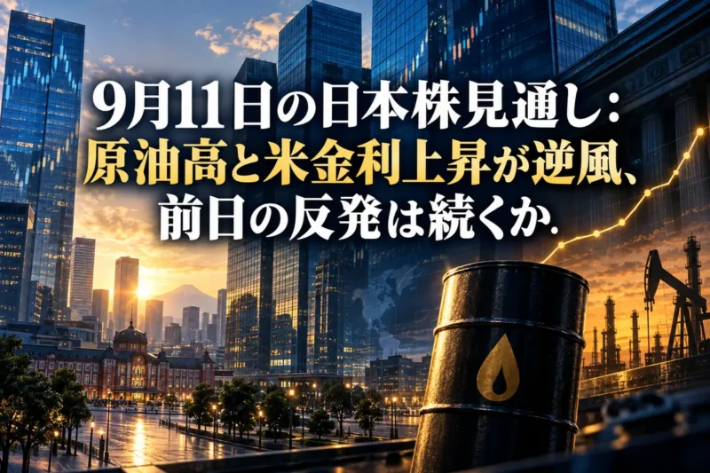 朝の東京金融街に原油と金利の動向を重ねた日本株市場のイメージ。