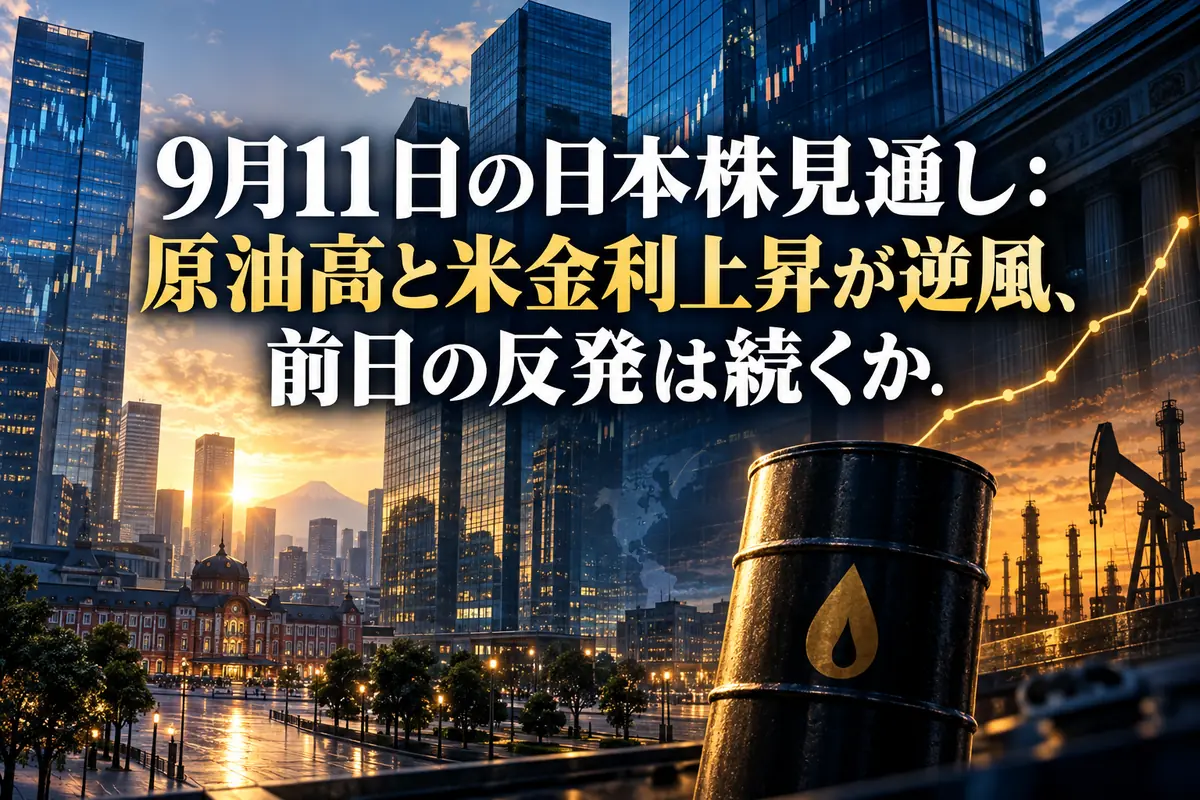 朝の東京金融街に原油と金利の動向を重ねた日本株市場のイメージ。
