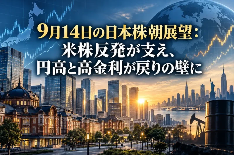 朝の東京の金融街に株価チャートと原油のモチーフを重ねた市場展望のイメージ。
