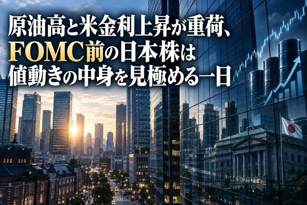 東京の金融街を背景に株価・原油・金利の動きを表現した朝の市場イメージ。
