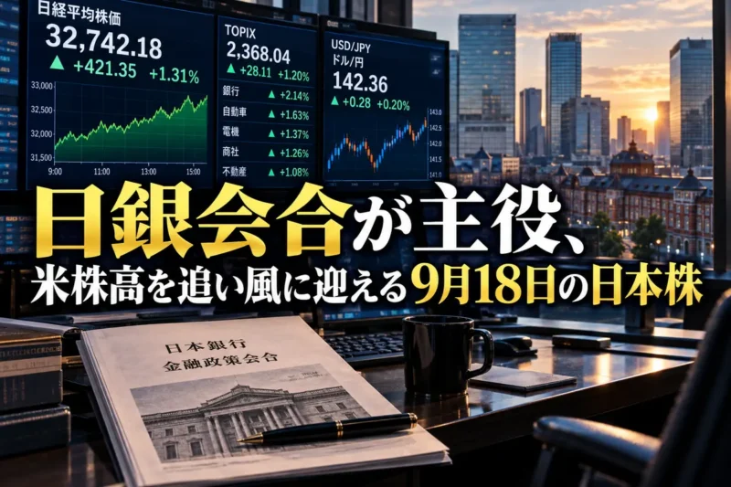 日銀会合を控えた東京市場の朝を示す株価ボードと金融街。