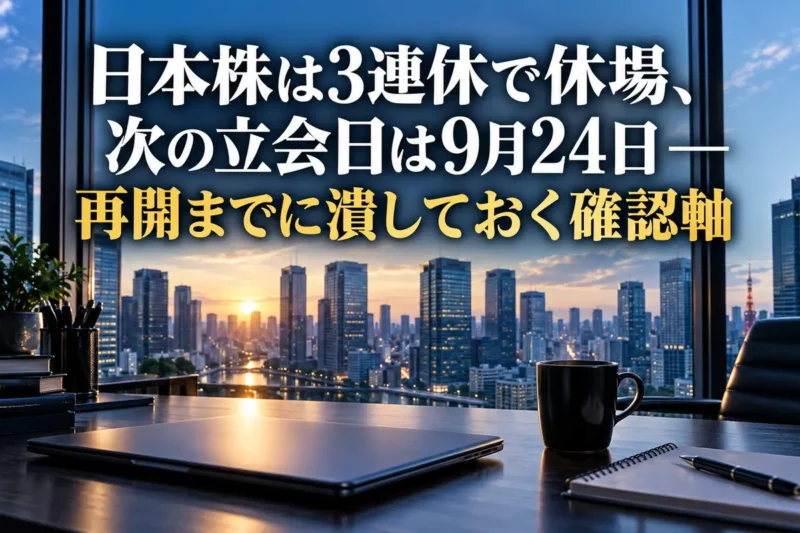 早朝の東京のオフィス街を窓越しに望む、静かな取引休場日のデスク風景。