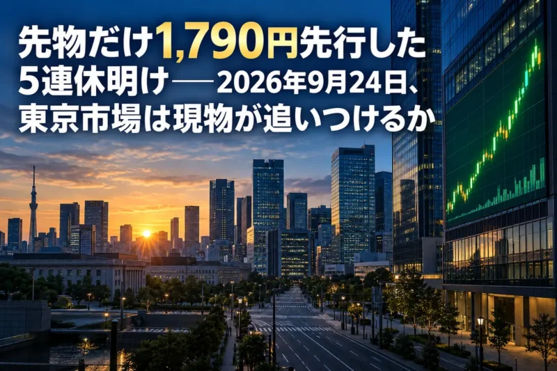 夜明け前の東京の金融街と、株価ボードが光るオフィスビル群。