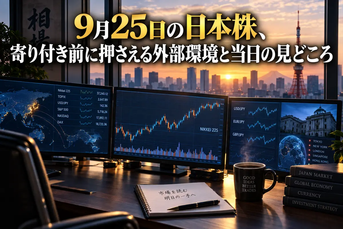 夜明けの東京の街を背にして、市場が開く前のトレーディングデスクに複数のチャート画面が並んでいる様子。