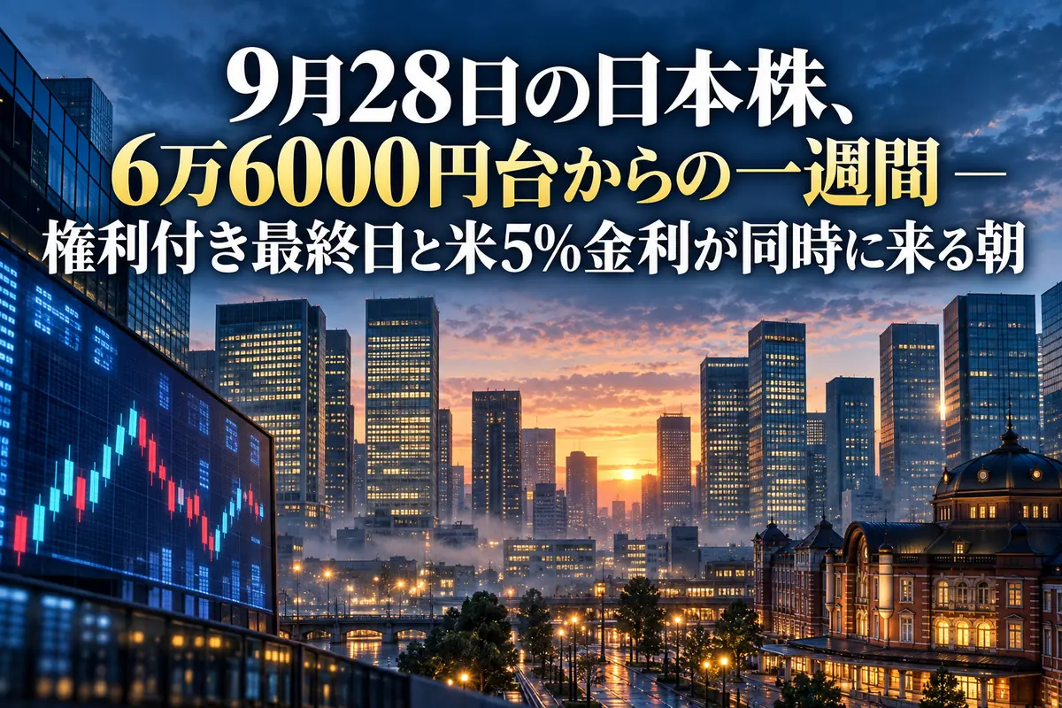 夜明け前の東京の金融街と株価ボードをイメージした横長のアイキャッチ画像。