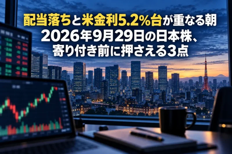 夜明け前の東京・金融街のビル群と、株価チャートが映るオフィスのモニター。