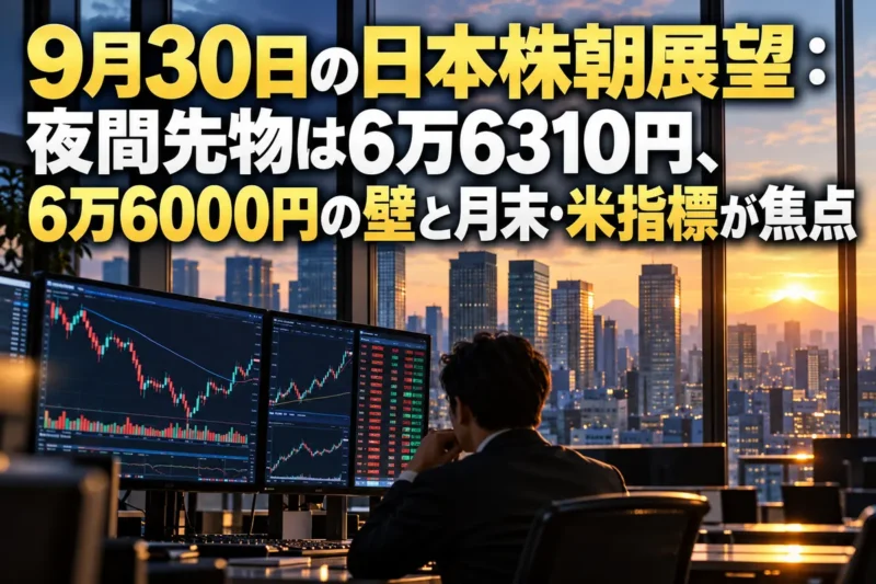 夜明けの東京の金融街と、株価チャートが映るトレーディングデスク