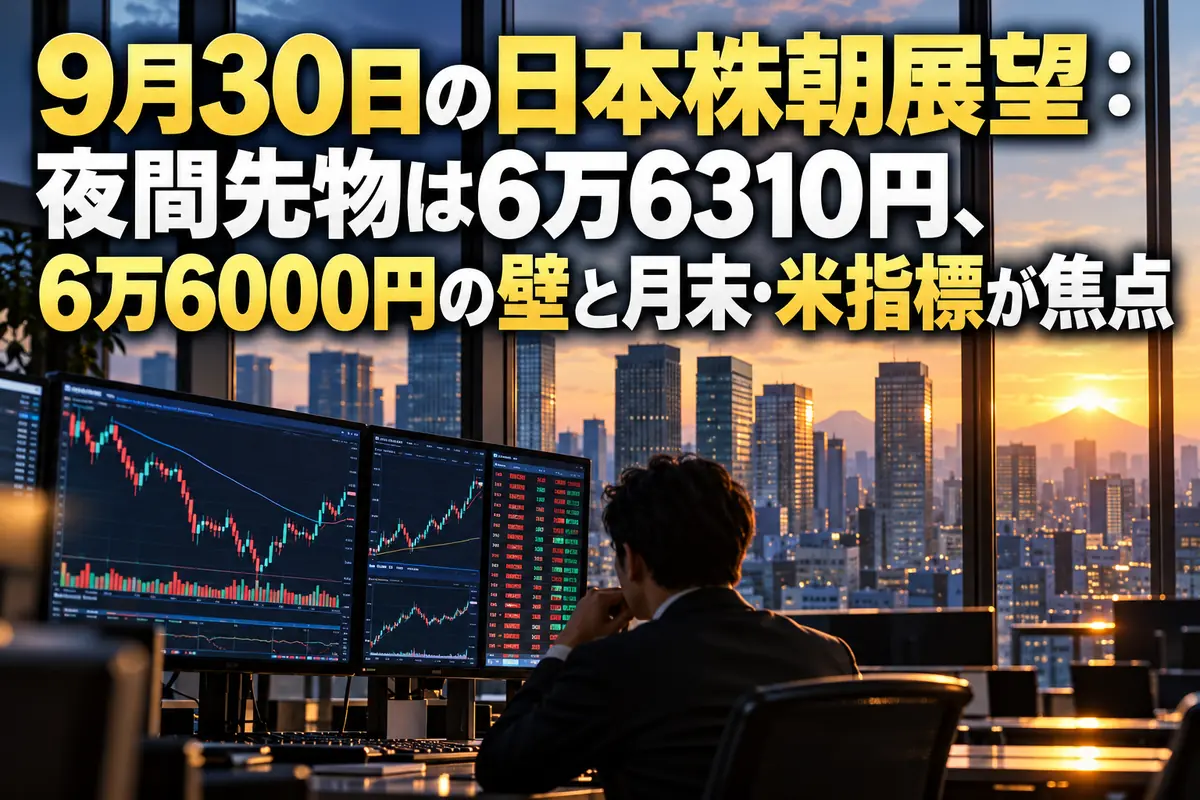夜明けの東京の金融街と、株価チャートが映るトレーディングデスク