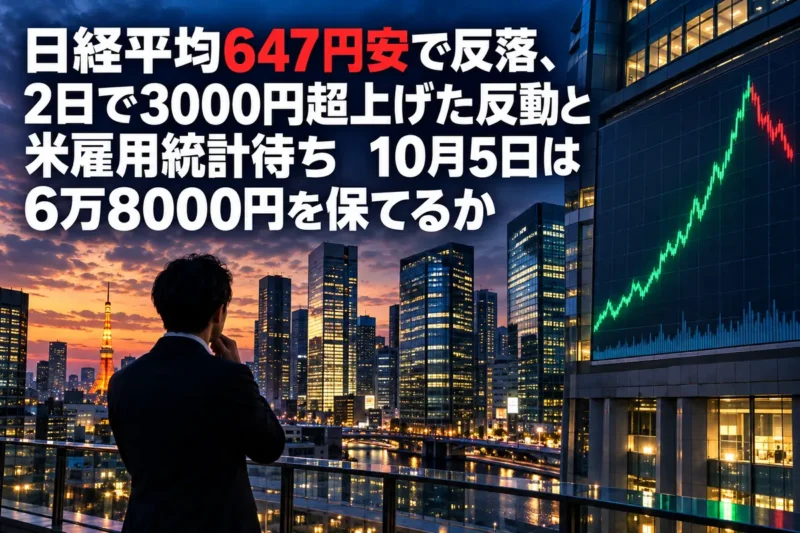 急伸後に一服した東京株式市場をイメージした夕暮れの金融街