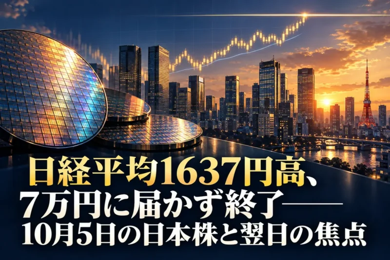 東京の金融街と上昇する株価チャート、半導体ウエハーを描いたイメージ。