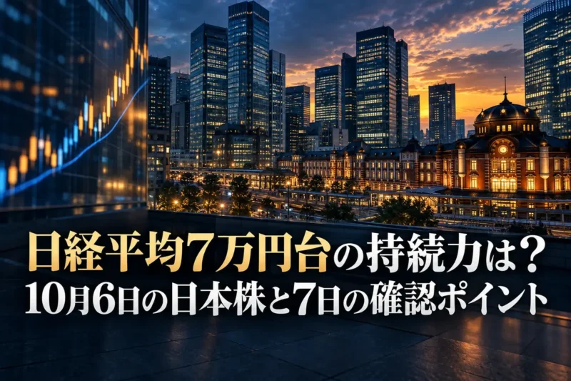 夕暮れの東京の金融街と市場チャートを映した画面。