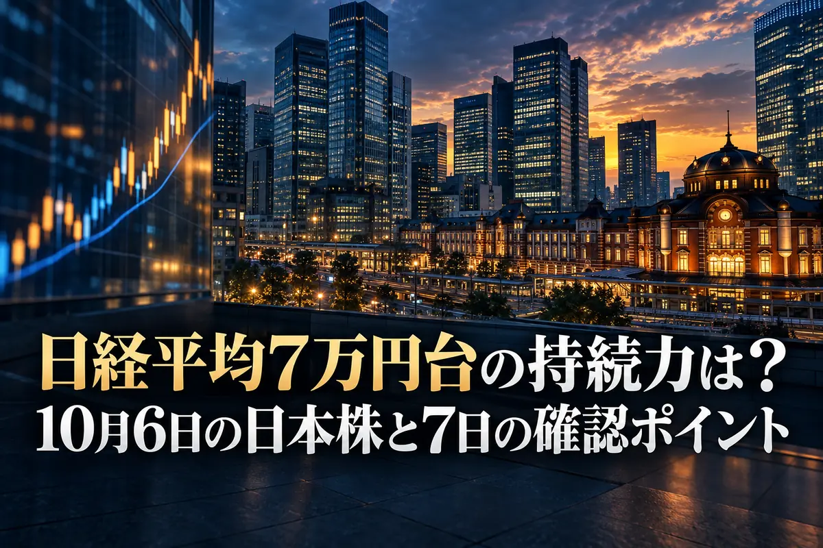 夕暮れの東京の金融街と市場チャートを映した画面。