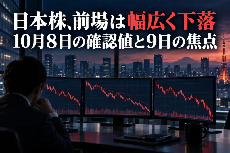 東京の街並みを背景に、日本株の下落を示すチャートを描いたイラスト。