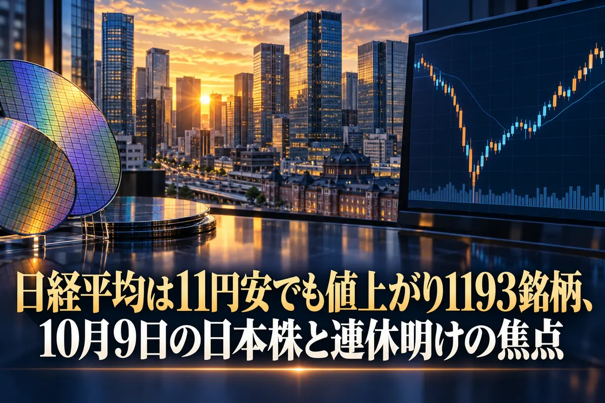東京の金融街と、朝の下落から持ち直す株価チャートを描いたイメージ。
