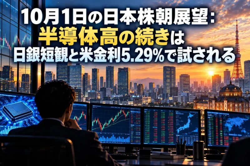 朝の東京の金融街と、株価チャートが映る取引端末のイメージ