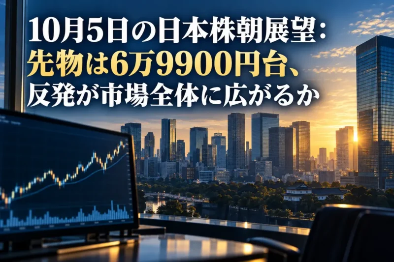 朝日が差す金融街と相場の値動きを映すモニター。
