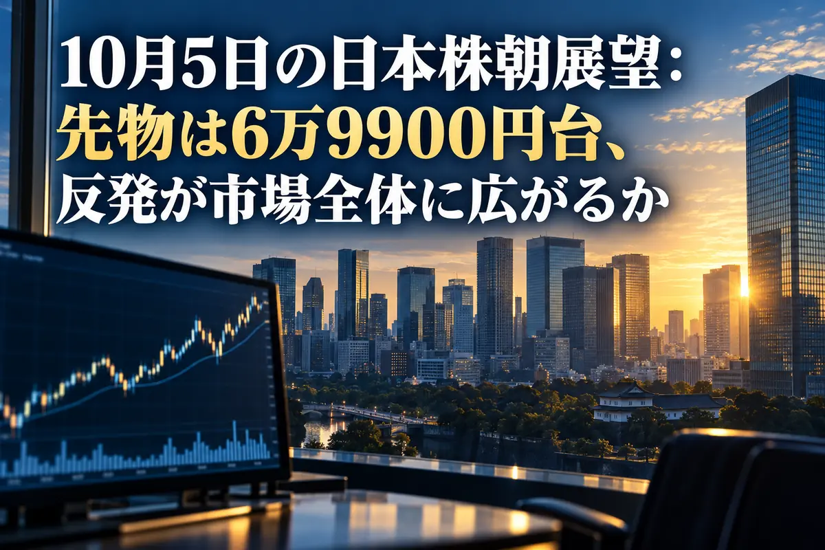 朝日が差す金融街と相場の値動きを映すモニター。