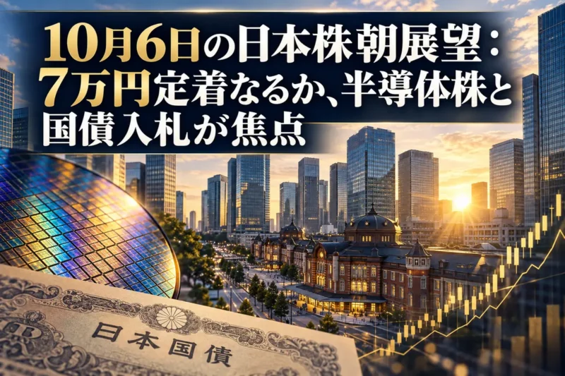 朝の東京の金融街に株価チャートと半導体、国債のモチーフを重ねたイメージ。