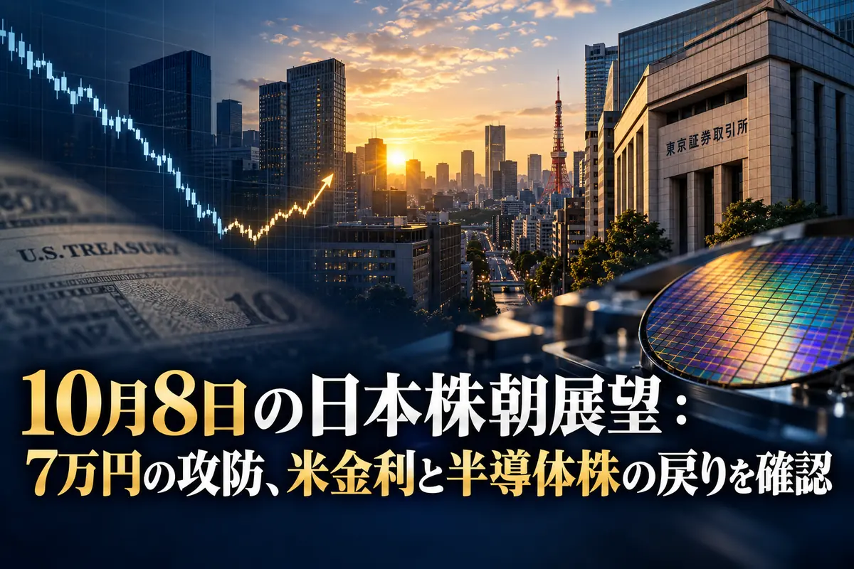 朝の東京の街並みと株価チャート、半導体を描いた市場展望のイメージ。