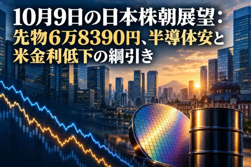 夜明けの東京金融街に半導体と原油、相場の値動きを重ねたイメージ。