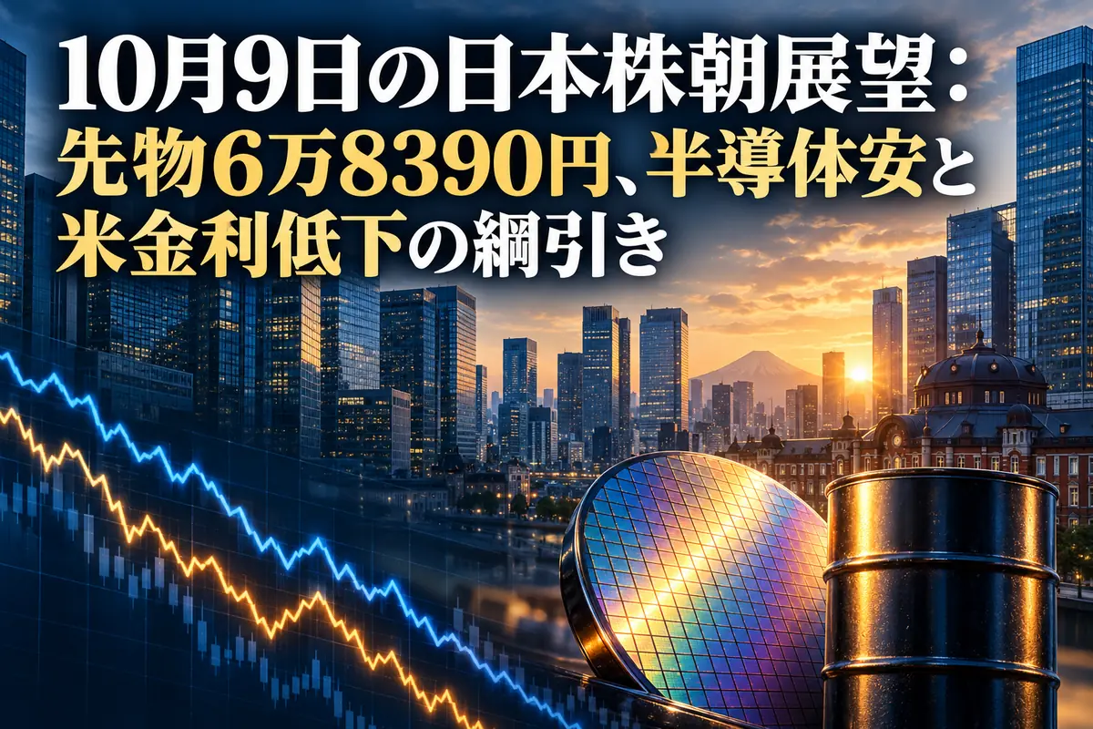 夜明けの東京金融街に半導体と原油、相場の値動きを重ねたイメージ。